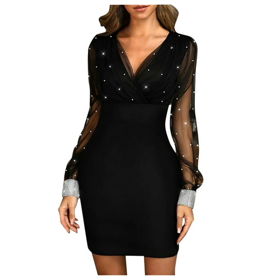 LYXSSBYX Womens Dresses Long Sleeve Women Fashion Point Print Mesh Sexy Retro Elegant V-neck Party Club Dress