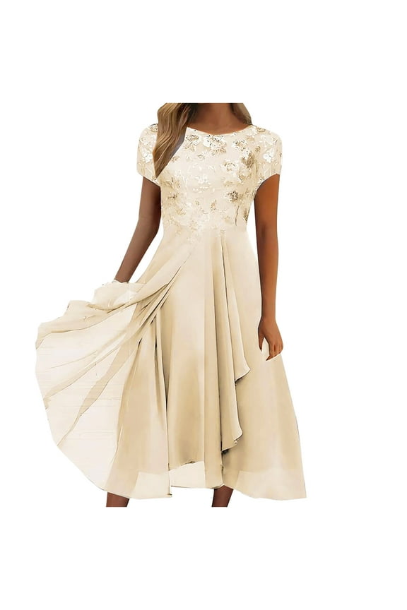 Womens Dresses Short Sleeve Casual Women Sexy Solid Short Sleeve Round Neck Lace Chiffon Mesh Waist Party Dresses