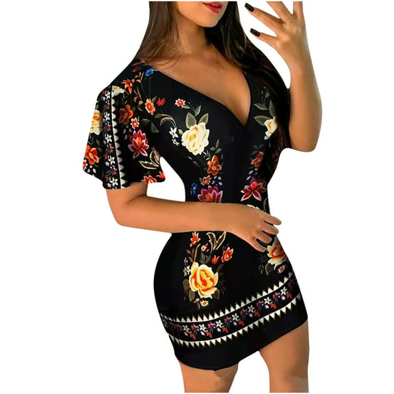 LYXSSBYX Womens Dresses Short Sleeve Fashion Women Casual Tight Flowers Printing Sexy Deep V-Neck Short Sleeve Long Dress