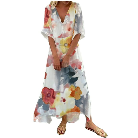 LYXSSBYX Womens Dresses Short Sleeve Women Summer Casual Printed With Pocket V Neck Short Sleeve Dress