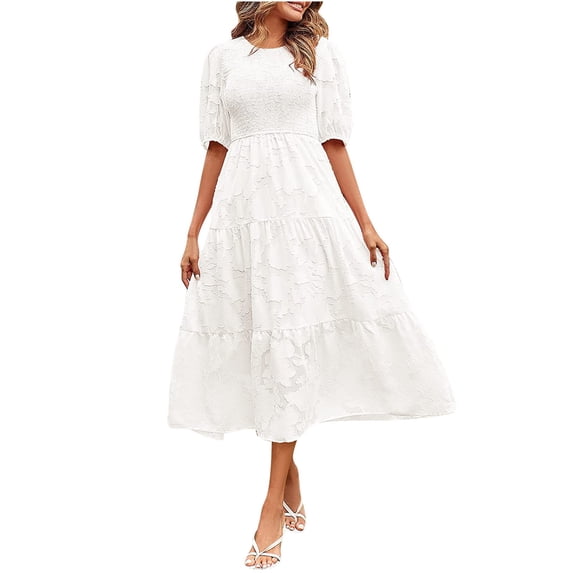LYXSSBYX Womens Dresses Short Sleeve Women's Round-Neck Casual Short Sleeve Solid Waisted Layer Chiffon Dresses with Belt