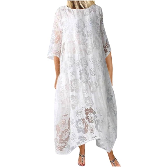LYXSSBYX Womens Dresses Short Sleeve Clearance Women's Summer Fashion Casual Solid Color Mid Sleeve Splicing Mesh Mid Length Dress