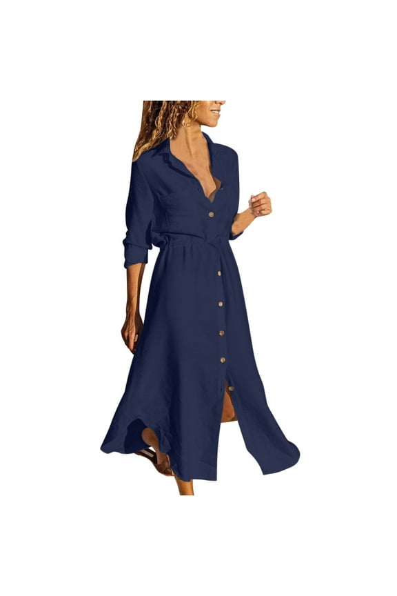 Womens Dresses Sleeveless Women's Solid Color Single Breasted Lapel Drawstring Shirt Dress Cotton Linen Dress