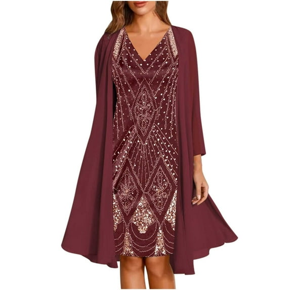 LYXSSBYX Womens Dresses with Jackets 2 Piece Sets Fashion Women's Solid Long Sleeve Blouse Coat Printed Sleeveless V-Neck Mini Dress