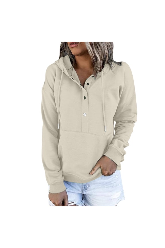 Womens Fall Tops Long Sleeves Womens Casual Hoodies Fall Solid Long Sleeve Sweatshirt Button Down Drawstring Pullover Top Blouse with Pocket
