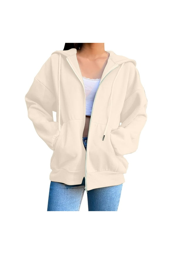 Womens Hooded Sweatshirts Zip Front Women Fashion Solid Blouse Long Sleeve Tops Sweatshirt Pockets Hoodied