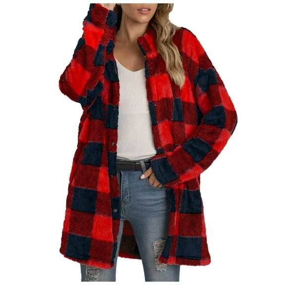 LYXSSBYX Womens Jackets and Coats Clearance Women's Casual Christmas Plaid Printing Long Sleeve Buttons Plush Cardigan Coat
