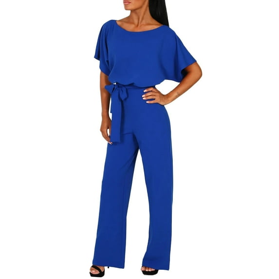 LYXSSBYX Womens Jumpsuits and Rompers Women Short Sleeve Playsuit Clubwear Straight Leg Jumpsuit with Belt