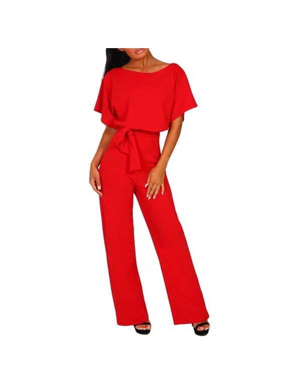 Womens Jumpsuits and Rompers Women Short Sleeve Playsuit Clubwear Straight Leg Jumpsuit with Belt