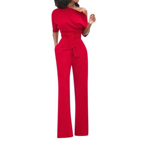 LYXSSBYX Womens Jumpsuits and Rompers Women's Sexy Solid Off Shoulder Short Sleeve with Belt Slim Jumpsuit