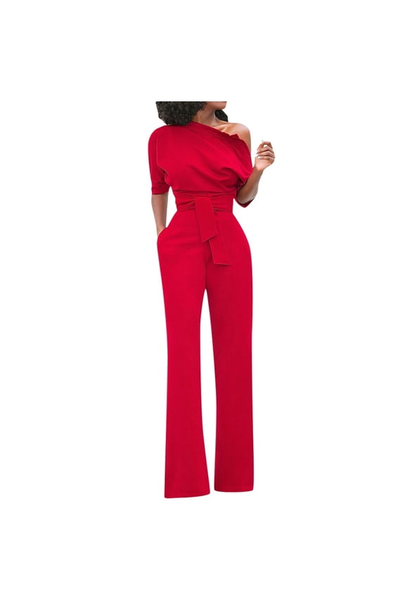 Womens Jumpsuits and Rompers Women's Sexy Solid Off Shoulder Short Sleeve with Belt Slim Jumpsuit