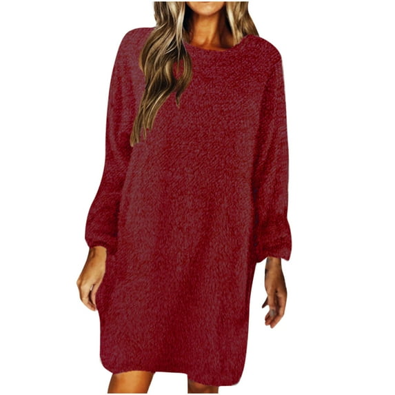 LYXSSBYX Womens Long Sleeve Dress Hot Sale Clearance Autumn and Winter Women Casaul Solid Long Sleeve Loose O-Neck Hairy Sweater Pullover Dress