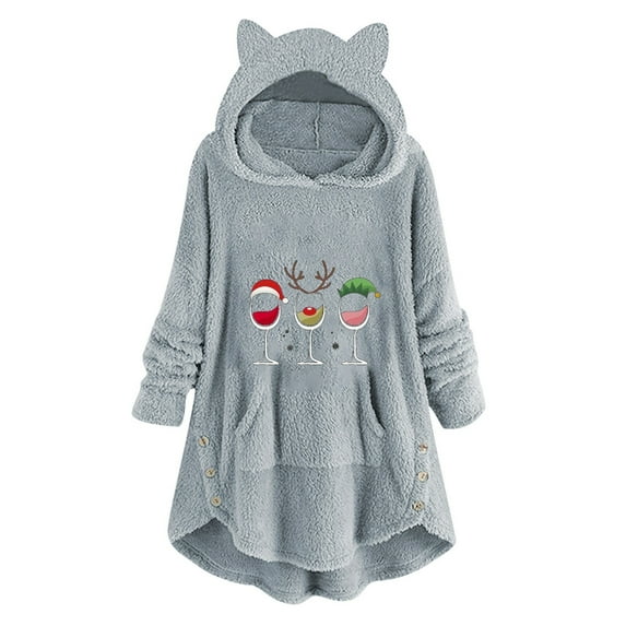 LYXSSBYX Womens Long Sleeve Dress Hot Sale Clearance Woman's Casual Christmas Printing Plush Buttons Long Sleeved Hooded Plush Coat Top