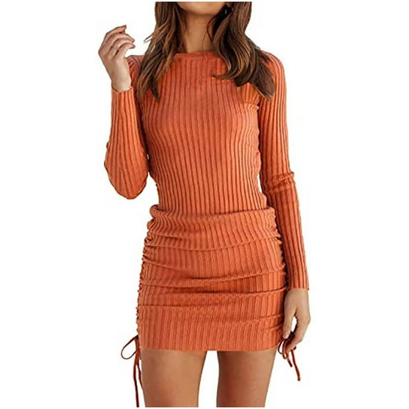 LYXSSBYX Womens Long Sleeve Dress Hot Sale Clearance Women's Fashion Casual Long Sleeve Round Neck Solid Drawstring Dress