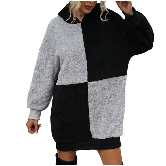 LYXSSBYX Womens Long Sleeve Dress Hot Sale Clearance Women's Loose Long Two-Color Matching Long Sleeve Plush Hooded Tops