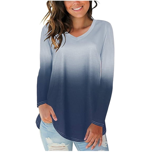 LYXSSBYX Womens Long Sleeve Dress Womens Long Sleeve V-Neck Gradient Colour Loose Casual Tee T-Shirt Tops