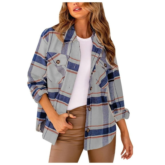 LYXSSBYX Womens Long Sleeve Dress Women Casual Full Sleeve Plaid Print Turndown Collar Outwear Jackets
