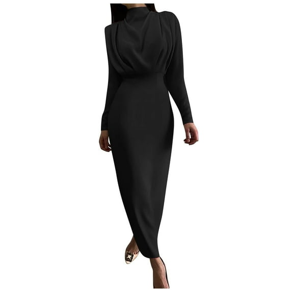 LYXSSBYX Womens Long Sleeve Dress Women Fashion Half High Collar Sexy Solid Color Long Sleeve Slim Ankle Length Dress
