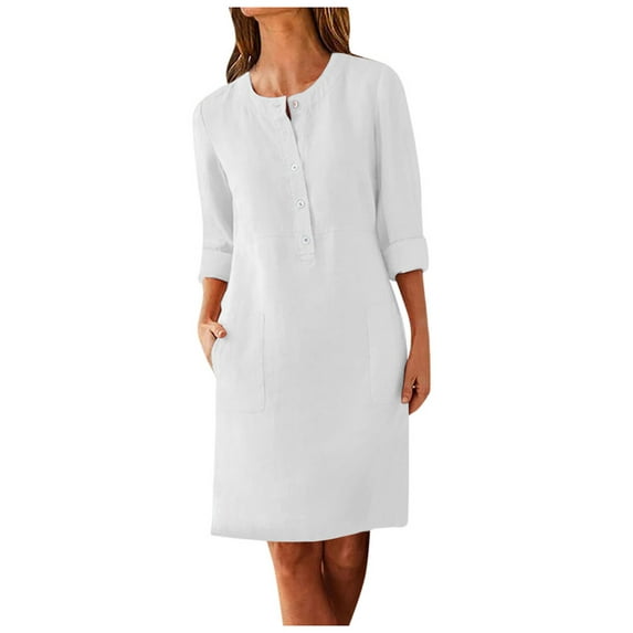 LYXSSBYX Womens Long Sleeve Dresses Women Fashion O-Neck Pockets Button Dress Solid Long Sleeve Pocket Dress