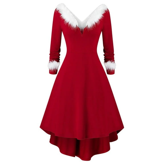 LYXSSBYX Womens Long Sleeve Dresses Women Retro Christmas Long-Sleeved Plush High and Low Swing Style Dress