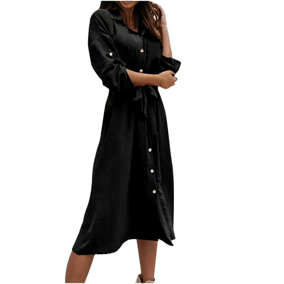 LYXSSBYX Womens Long Sleeve Dresses Clearance Women's Summer Fashion Sexy Turndown Collar Long Sleeves Solid Color Button Belt Casual Dress