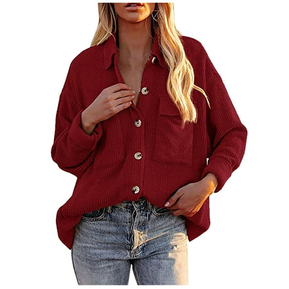 LYXSSBYX Womens Long Sleeve Tops Women's Corduroy Buttoned Cardigan Long Sleeve Lapel Loose Padded Shirt Tops with Poket