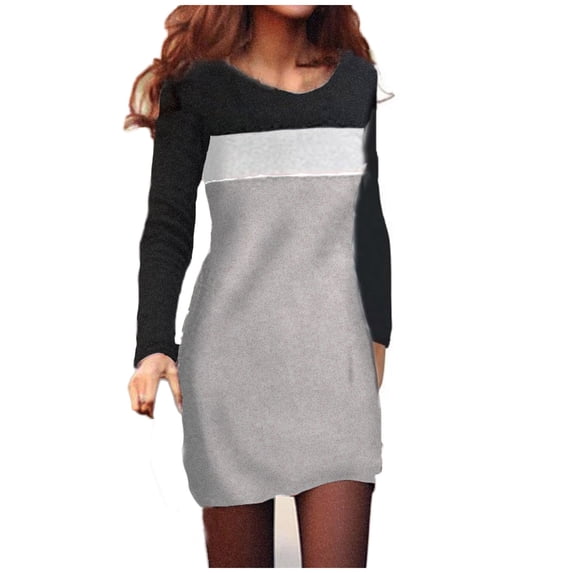LYXSSBYX Womens Long Sleeves Dresses for Women Hot Sale Clearance Women Sexy Above Knee Pencil Color Block Long Sleeve Round-Neck Party Mini Dresses