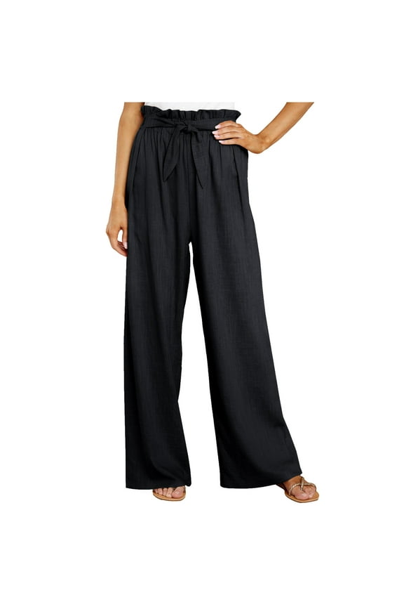 Womens Pajama Pants Women Casual Solid Cotton Linen Drawstring Elastic Waist Long Wide Leg Pants