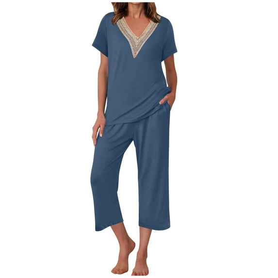 LYXSSBYX Womens Pajama Sets 2PC Fashion Woman V Neck Lace Short Sleeve Blouse +Loose Pockets Pants Sets
