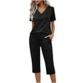 thumbnail image 1 of LYXSSBYX Womens Pajama Sets 2PC Fashion Woman V Neck Short Sleeve Blouse +Loose Pockets Pants Sets, 1 of 1