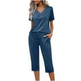 thumbnail image 1 of LYXSSBYX Womens Pajama Sets 2PC Fashion Woman V Neck Short Sleeve Blouse +Loose Pockets Pants Sets, 1 of 1