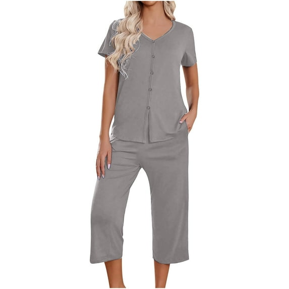 LYXSSBYX Womens Pajama Sets 2PC Fashion Woman V Neck Short Sleeve Blouse +Loose Pockets Pants Sets