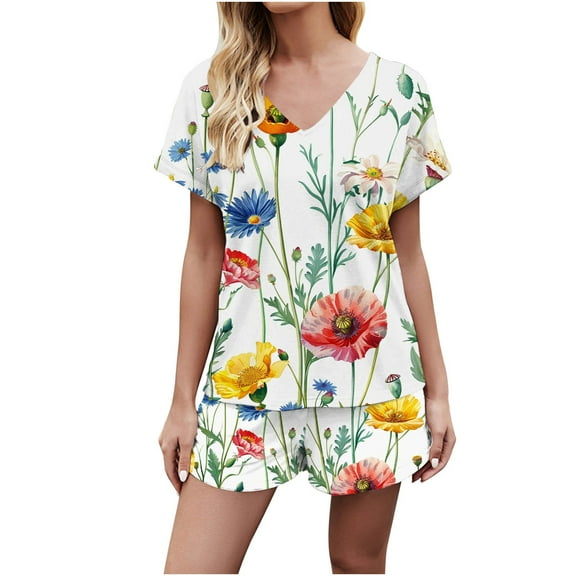 LYXSSBYX Womens Pajama Sets 2PC Women's V Neck Shorts Sleeve Two-piece Comfortable Home Pajamas Set Sports Set