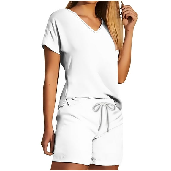LYXSSBYX Womens Pajama Sets 2PC Women's V Neck Shorts Sleeve Two-piece Comfortable Home Pajamas Set Sports Set