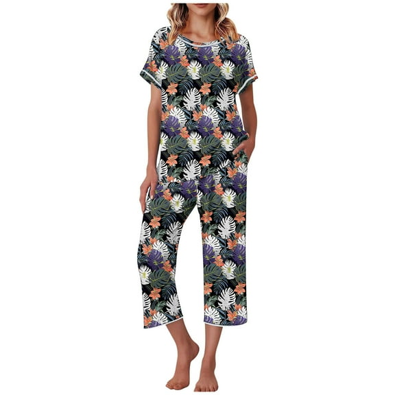 LYXSSBYX Womens Pajama Sets 2PC Fashion Woman V Neck Short Sleeve Blouse Loose Pockets Pants Sets