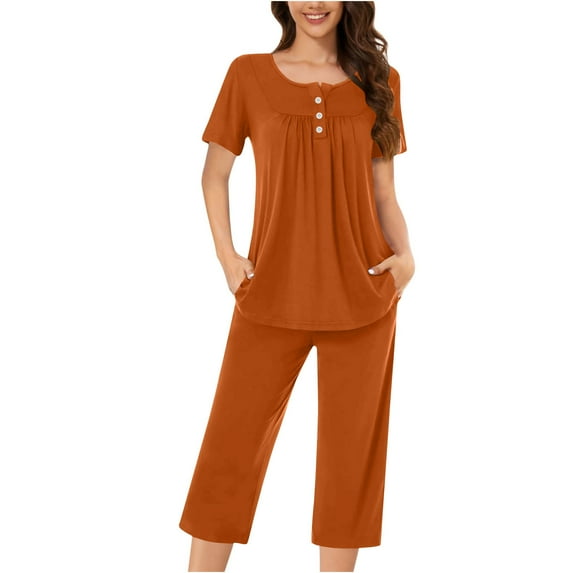 LYXSSBYX Womens Pajama Sets Clearance 2PC Women's Solid Color Round Neck Short Sleeve Sleepshirt and Pants Sets Loungewear Pajamas with Pockets