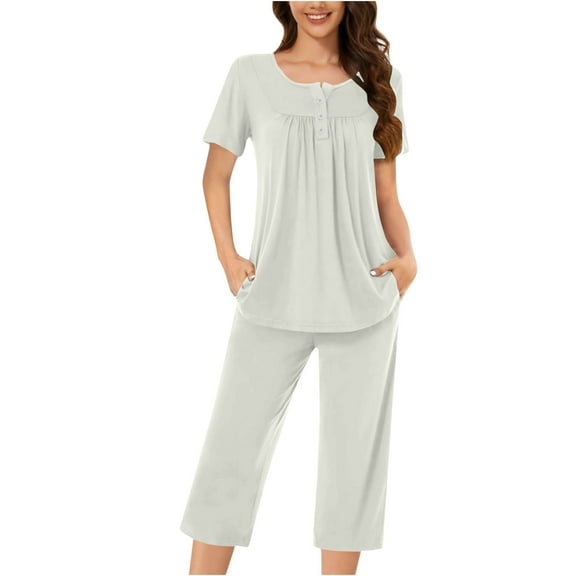 LYXSSBYX Womens Pajama Sets Clearance 2PC Women's Solid Color Round Neck Short Sleeve Sleepshirt and Pants Sets Loungewear Pajamas with Pockets