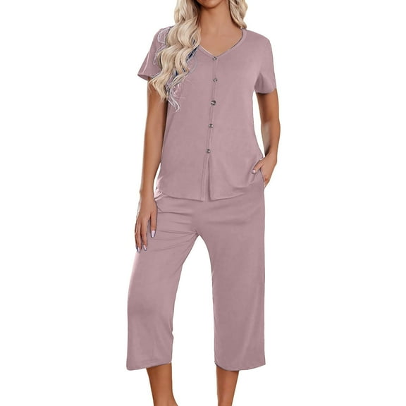 LYXSSBYX Womens Pajama Sets Clearance 2PC Women's Solid Color V Neck Lace Splicing Short Sleeve Sleepshirt and Pants Sets Loungewear Pajamas with Pockets