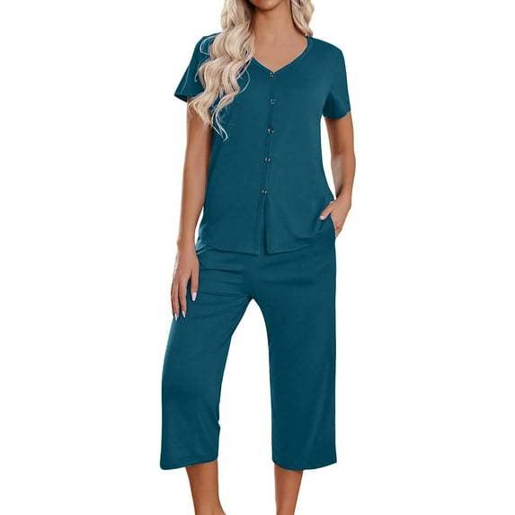 LYXSSBYX Womens Pajama Sets Clearance 2PC Women's Solid Color V Neck Lace Splicing Short Sleeve Sleepshirt and Pants Sets Loungewear Pajamas with Pockets