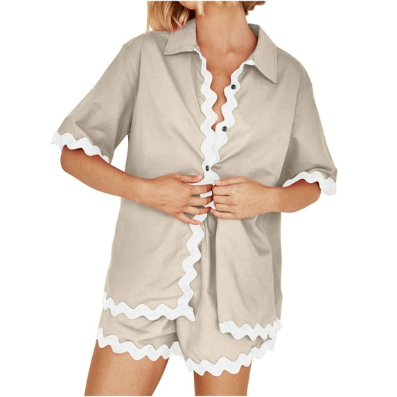LYXSSBYX Womens Pajama Sets Women's Casual Solid Color Short-sleeved Shorts Set Casual Pajamas Short-sleeved Lapel Set