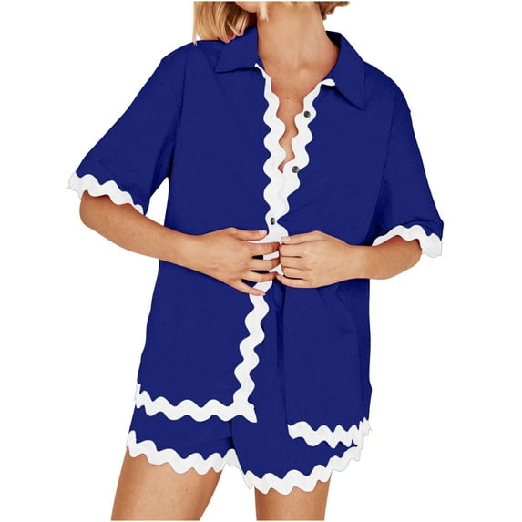 LYXSSBYX Womens Pajama Sets Women's Casual Solid Color Short-sleeved Shorts Set Casual Pajamas Short-sleeved Lapel Set