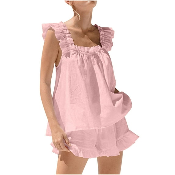 LYXSSBYX Womens Pajama Sets Women's Casual Solid Color Sleeveless Ruffled Shorts Set Casual Pajamas Sleeveless Collar Top/shirt Set