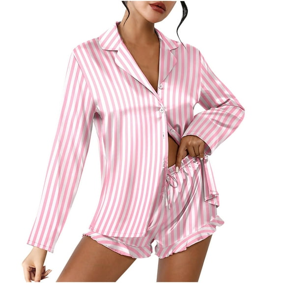 LYXSSBYX Womens Pajama Sets Women's Fashion Loose Casual V-Neck Stripe Long Sleeve Tops+Shorts Shirt Pajama Sets