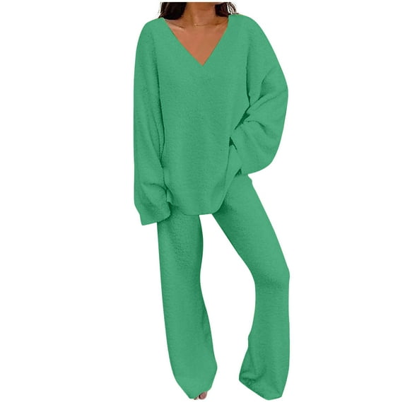 LYXSSBYX Womens Pajama Sets Long Sleeve Women Two Piece Outfits Long Sleeve Solid Color Tops with High Waist Pants Baggy Warm Pajama Sets