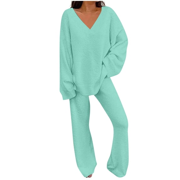 LYXSSBYX Womens Pajama Sets Long Sleeve Women Two Piece Outfits Long Sleeve Solid Color Tops with High Waist Pants Baggy Warm Pajama Sets