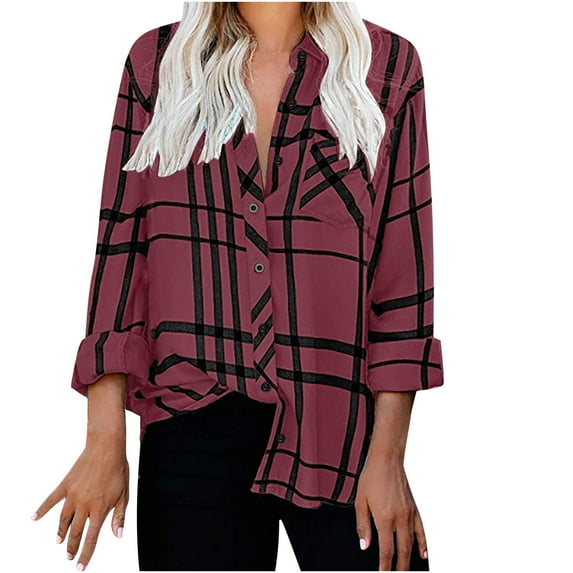 LYXSSBYX Womens Plaid Tops for Women Hot Sale Clearance Fashion Casual Lapel Top Loose Buttoned Long Sleeve Plaid Print Blouse