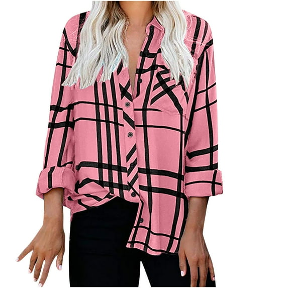 LYXSSBYX Womens Plaid Tops for Women Hot Sale Clearance Fashion Casual Lapel Top Loose Buttoned Long Sleeve Plaid Print Blouse