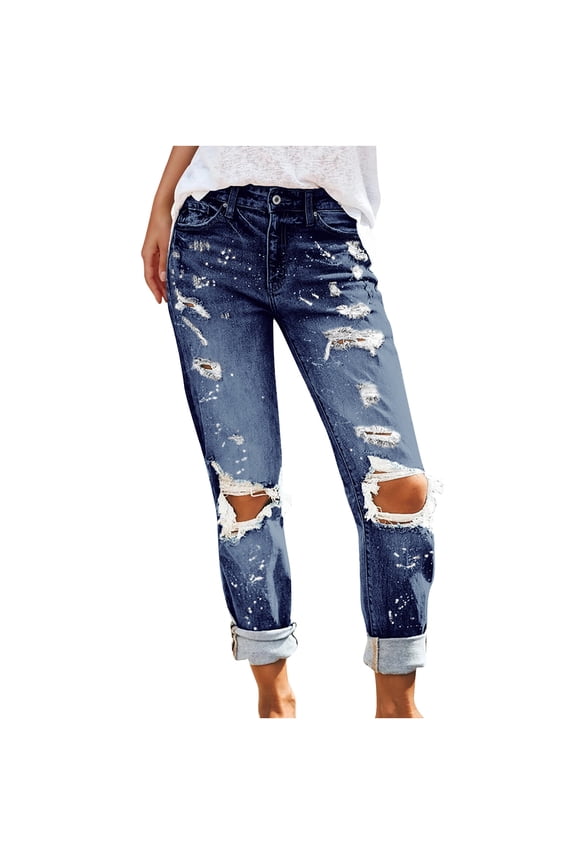 Womens Plus Size Capri Pants Clearance Fashion Women Pockets Button Mid Waist Skinny Ripped Jeans Trousers Hole Denim Pants