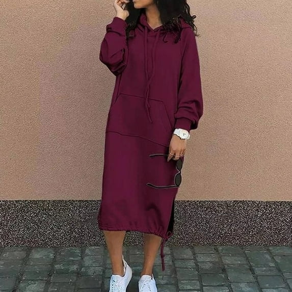 LYXSSBYX Womens Plus Size Dresses Fashionable Women's Long Sleeved V-Neck Solid Color Hooded Loose Fitting Dress