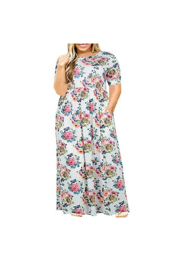 Womens Plus Size Dresses Plus Size Women Casual Round Neck Summer Short Sleeve Print Loose Pocket Long Dress